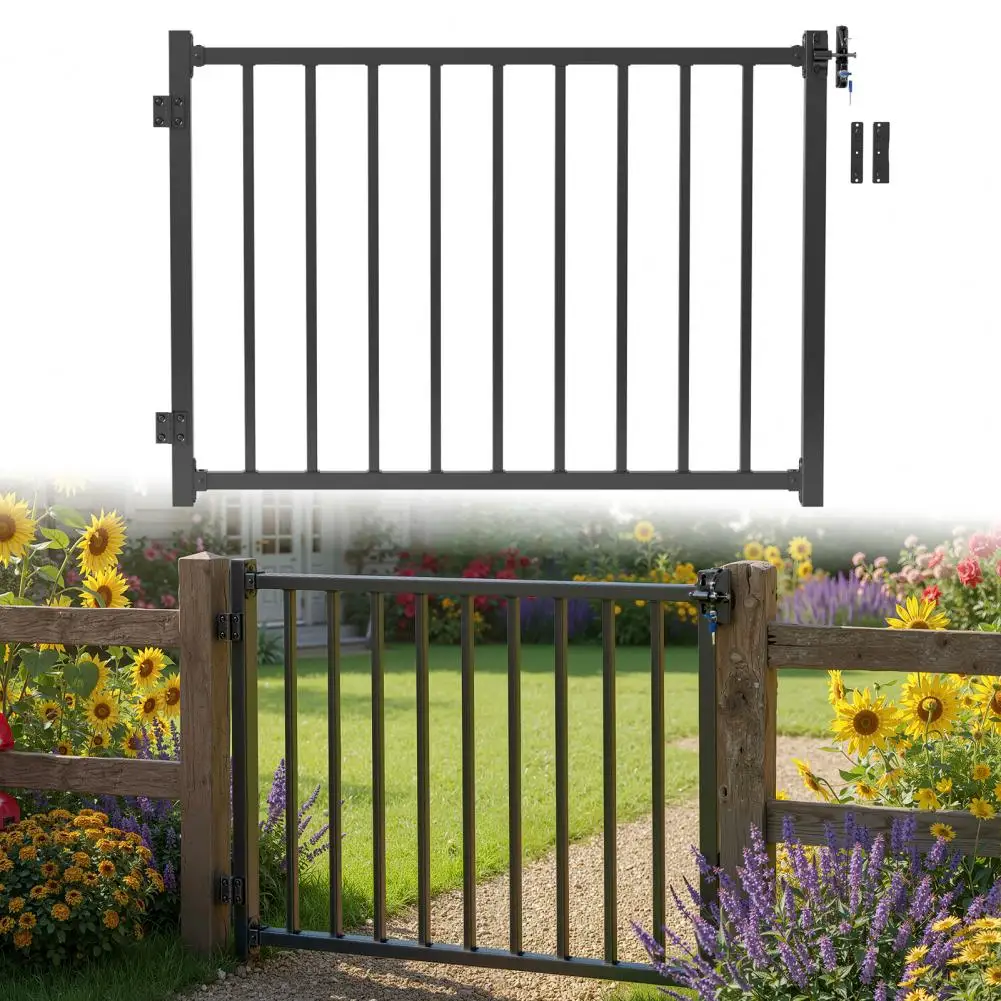 Railing Cuttable Fence Door Black Textured Powder-Coated Latch Auto-Closing Hinge Patio Garden Yard Porch