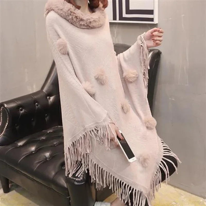 Autumn Winter Imitation Rabbit Fur Ball Women's Coat Imitation Wool Collar Pullover Shawl Warmth Poncho Capes Red Cloaks Navy