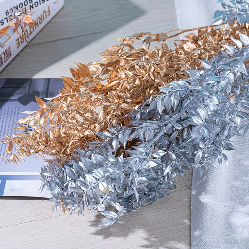 Natural Preserved Gold Silvery Ruscus Leaves for Christmas New Years Arrangements Dried Flowers DIY Gifts Material Home Decor