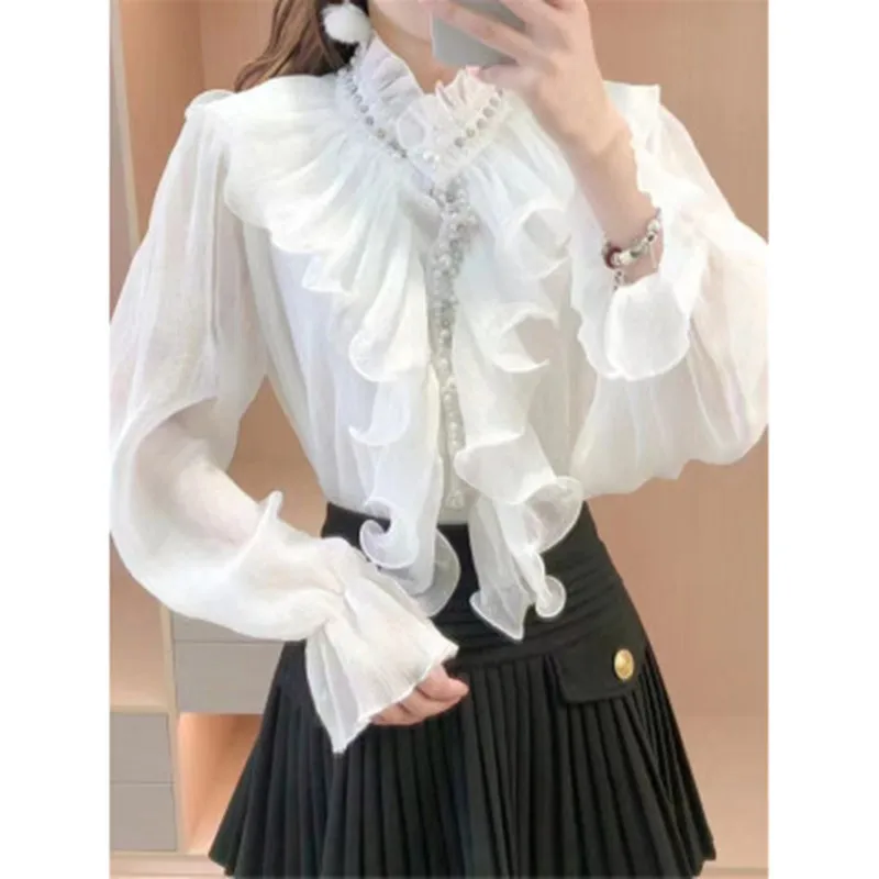 WIGADFHK 2023 Spring Fashion Ruffled Puff Sleeve Shirt Women\'s Diamond Stand Collar Top Elegant Casual Office Ladies Chic Top