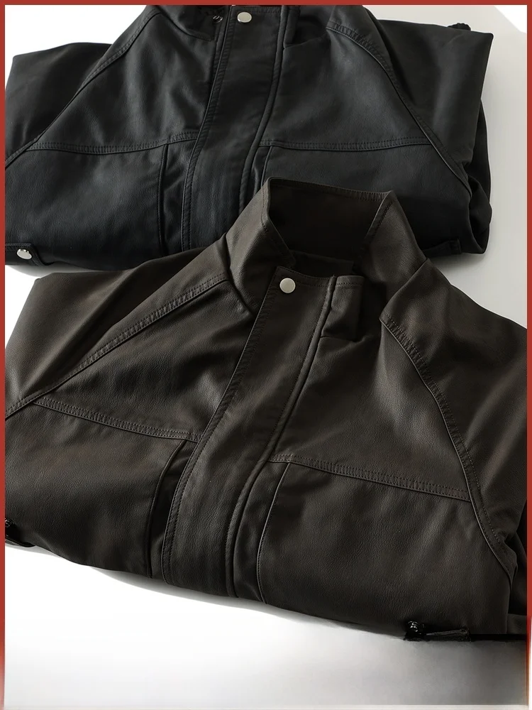 

Warm Fce Lined Windproof PU Jaet for Men Casual Stand Collar Long Sve Leather Coat Youthful Vitali Sle Daily Wear