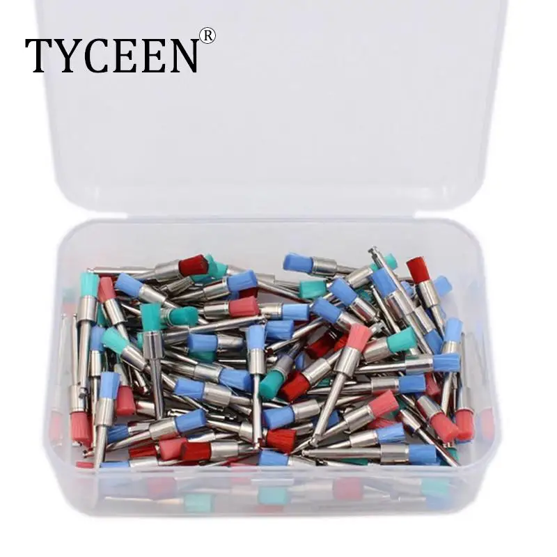 

100pcs Colorful Nylon Flat Head Latch Dental Polishing Brush Polisher Prophy Brushes for Contra Angle Machine Polishing Teeth