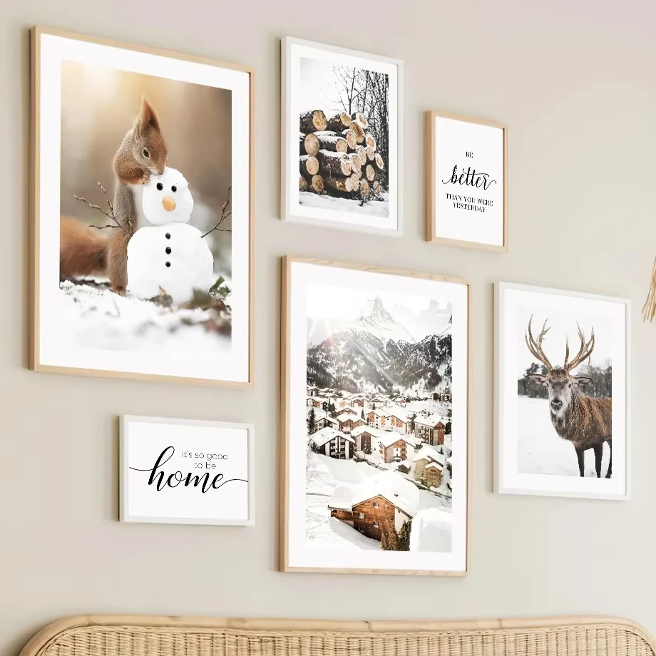 Winter Snowy Forest Mountain Flower Wall Art Oil Painting Nordic Posters and Prints Living Room Home Decoration Wall Painting