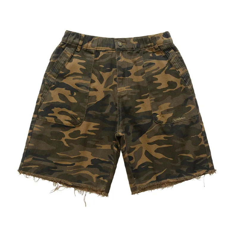 Men's Camouflage Cotton Shorts American-style Loose Fit Wide Leg Washed Embroidered Frayed Hem Vintage Streetwear Shorts for Men