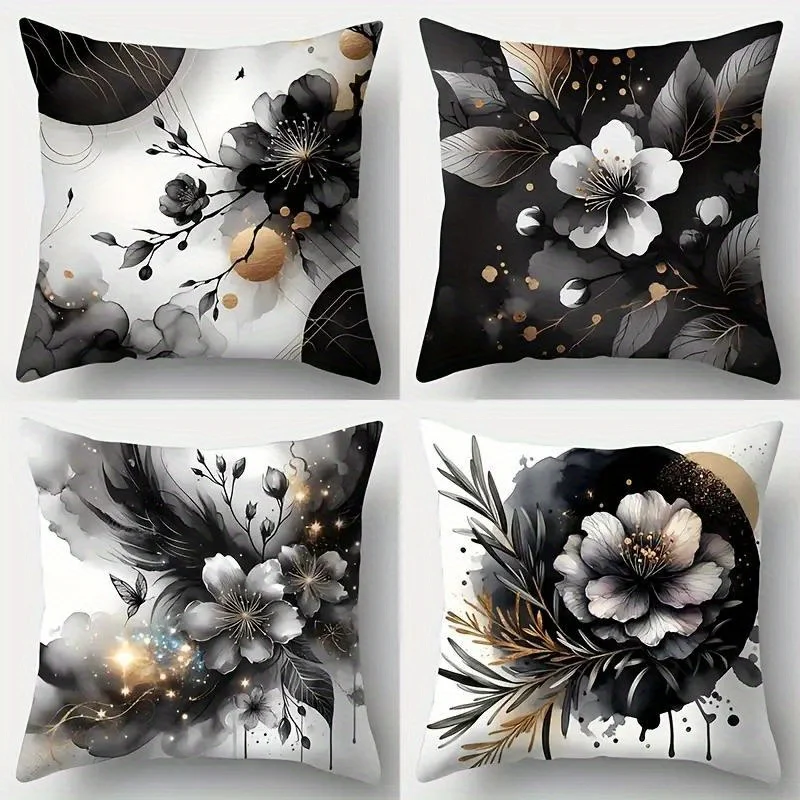 Luxury Abstract Floral Print Pillow Cases 4pcs Modern Black and White Gold Accent Throw Cushion Covers for Bedroom Home Decor Ac