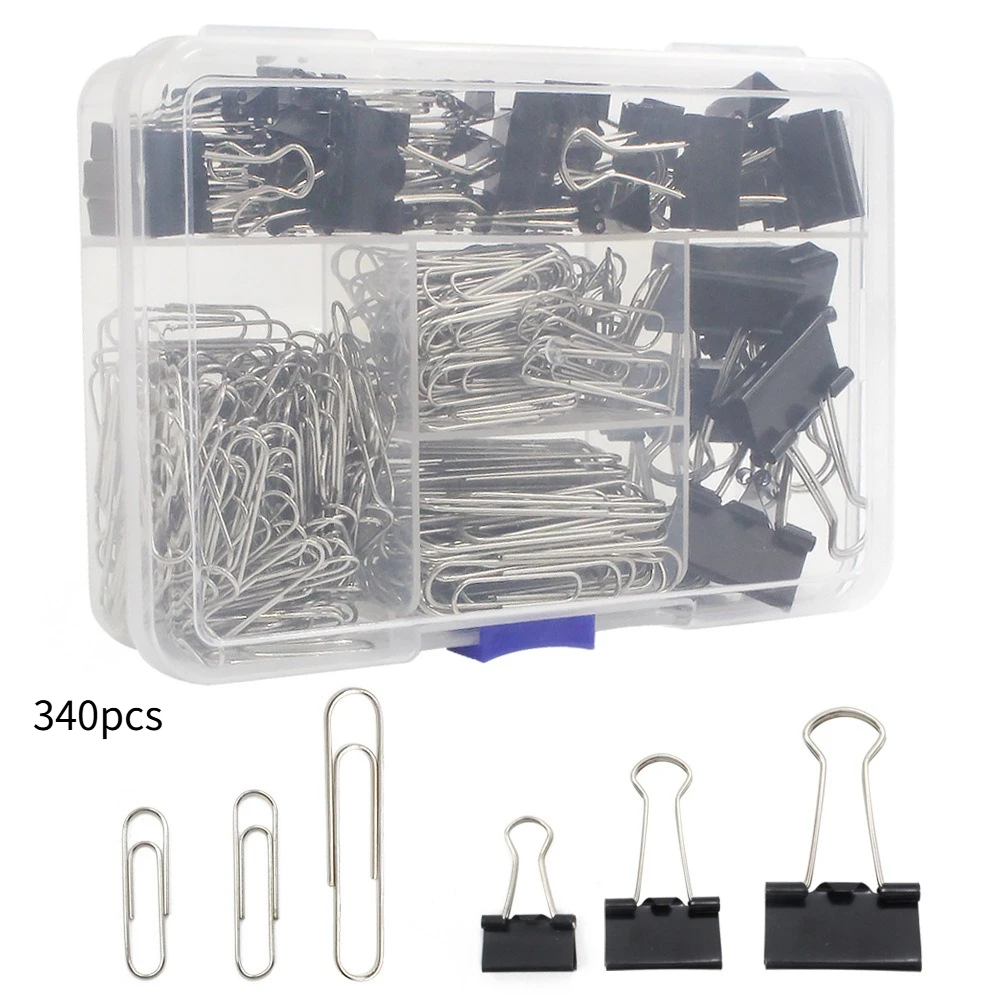 340pcs Binder Clips & Jumbo Paper Clips Set - Black, Large for Office & School Supplies, in Container with Compartments
