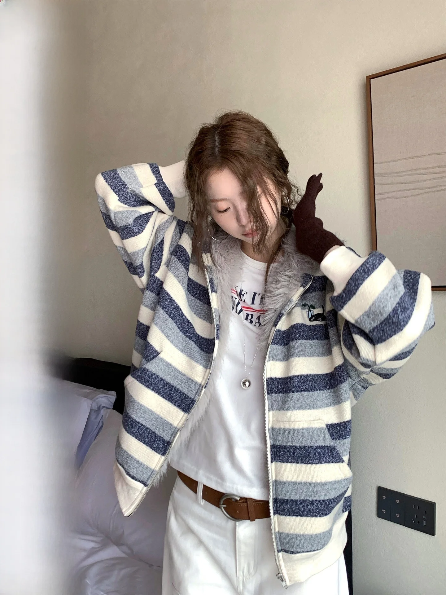 

COK Winter Commute Warmth Fce Lined Hooded Jaet Snowflake Stripe Patchwork Collar Casual Loose Fit Ladies Coat