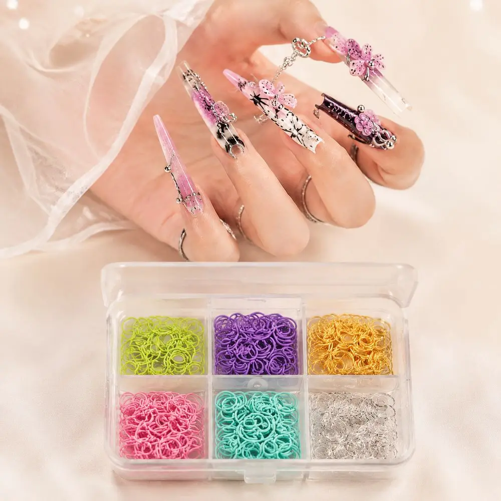 6 Grids Nail Art Mixed Metal Rings Kit Open Jump Rings Hollow Circle Punk Loop Charm Ornaments For 3D Effect Manicure Nail Decor