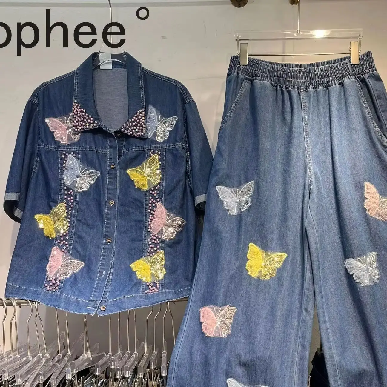 Heavy Luxury Spring Summer Women Denim Sets Embroidery Butterfly Beads Short Sleeve Shirt Top + Elastic Waist Straight Jeans
