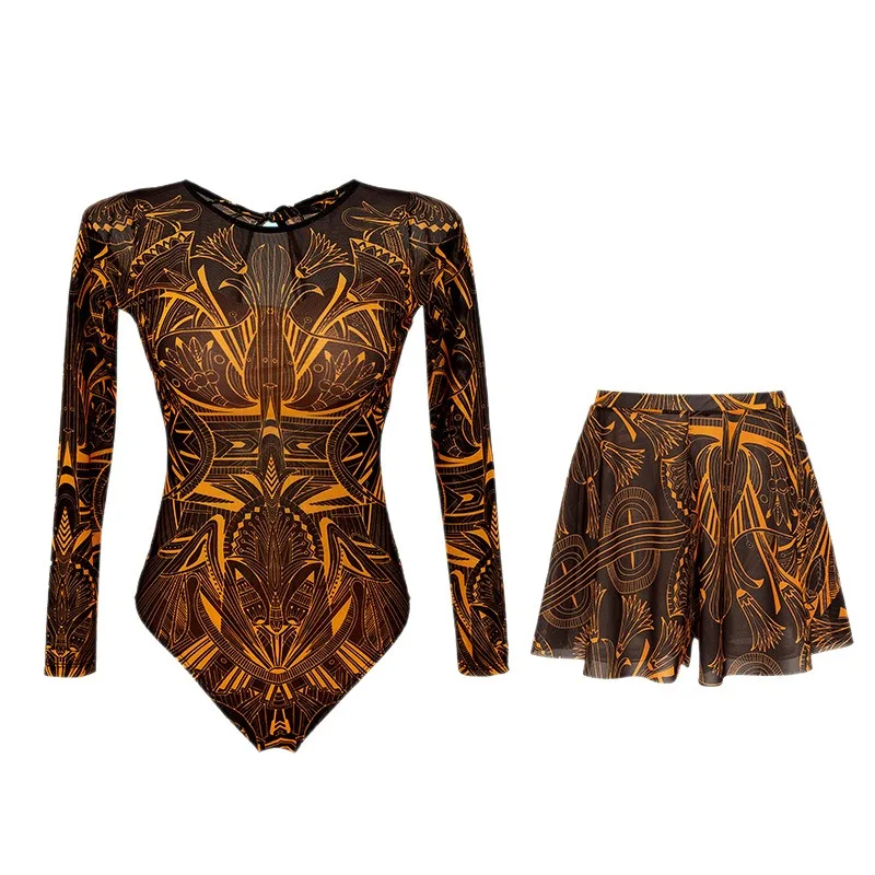 

Elegant Women 2 Piece Swimsuit Vintage Print Long Sleeve Bodysuit Bathing Suit Mini Skirts Beach Vacation Female Outfits Clothes