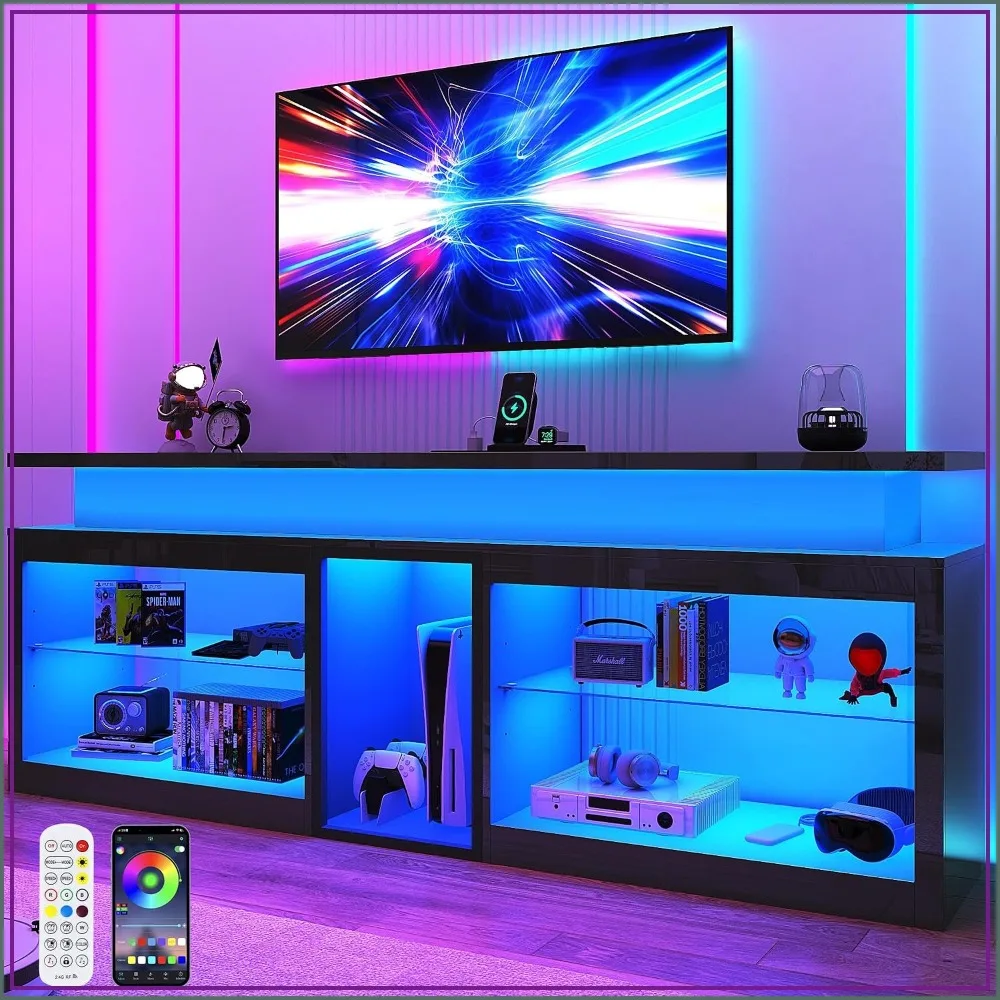 71 in LED TV Stand with Power Outlet, 60-Color LED Lights for 70-80 in TV, Black