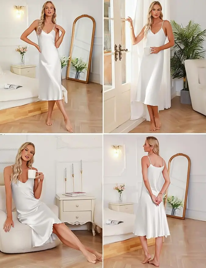 Camisón de Mujer con Tirantes Finos y Cuello en V, Elegante, Lujoso, Cómodo, Transpirable, Ropa de Dormir Relajante, Estilo Clásico para el Día a Día