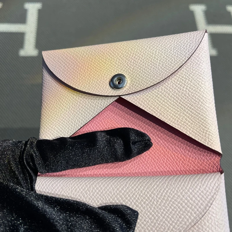 Genuine Cowhide Leather Key Coin Document Wallet Pink Sakura Floral Pattern Practical Functional  Size PU Leather Bag