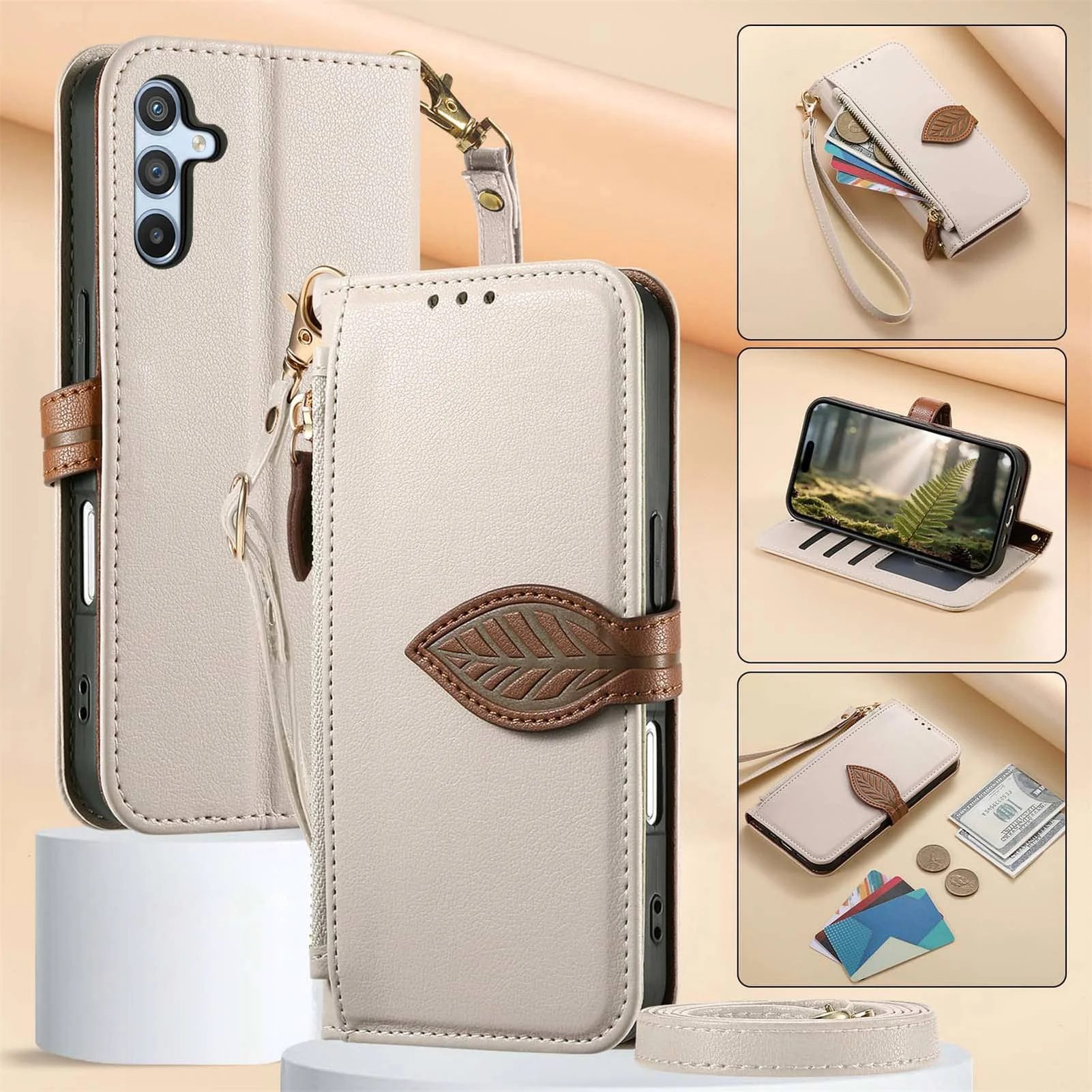 For Samsung Galaxy A71 4G A56 A55 A54 A36 A35 A26 A25 A17 A16 A05 A04, Zipper Pocket Cover with Card Slots Wrist Strap Lanyard