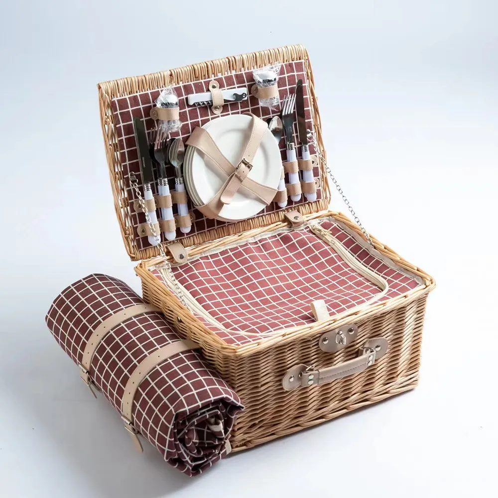 Wicker Picnic Basket for 4, Large Willow Picnic Hamper with Tableware & Portable Carry Handle for Camping, Outdoor & Travel view 6