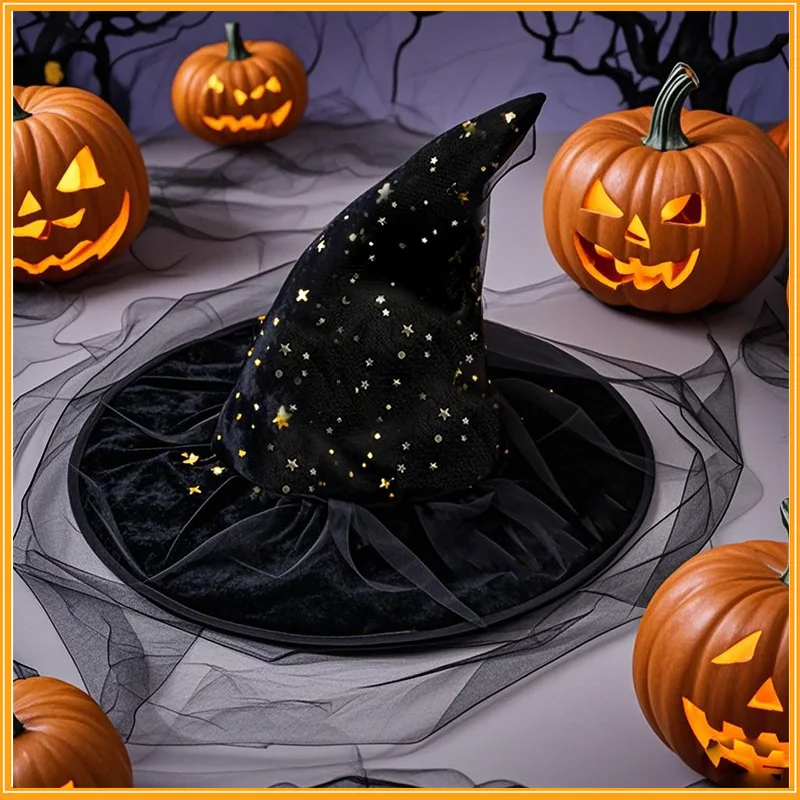 

Halloween Adult Witch Hat with Curved Horns Wrinkled Texture and Mesh Decoration-Made of Fabric for Witch and Magician Costumes