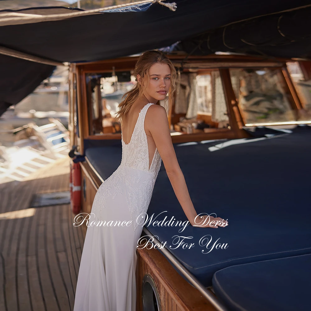 Vestido De Novia De sirena De encaje elegante, apliques con cuello en V, tirantes finos, Espalda descubierta, sin mangas, personalizado