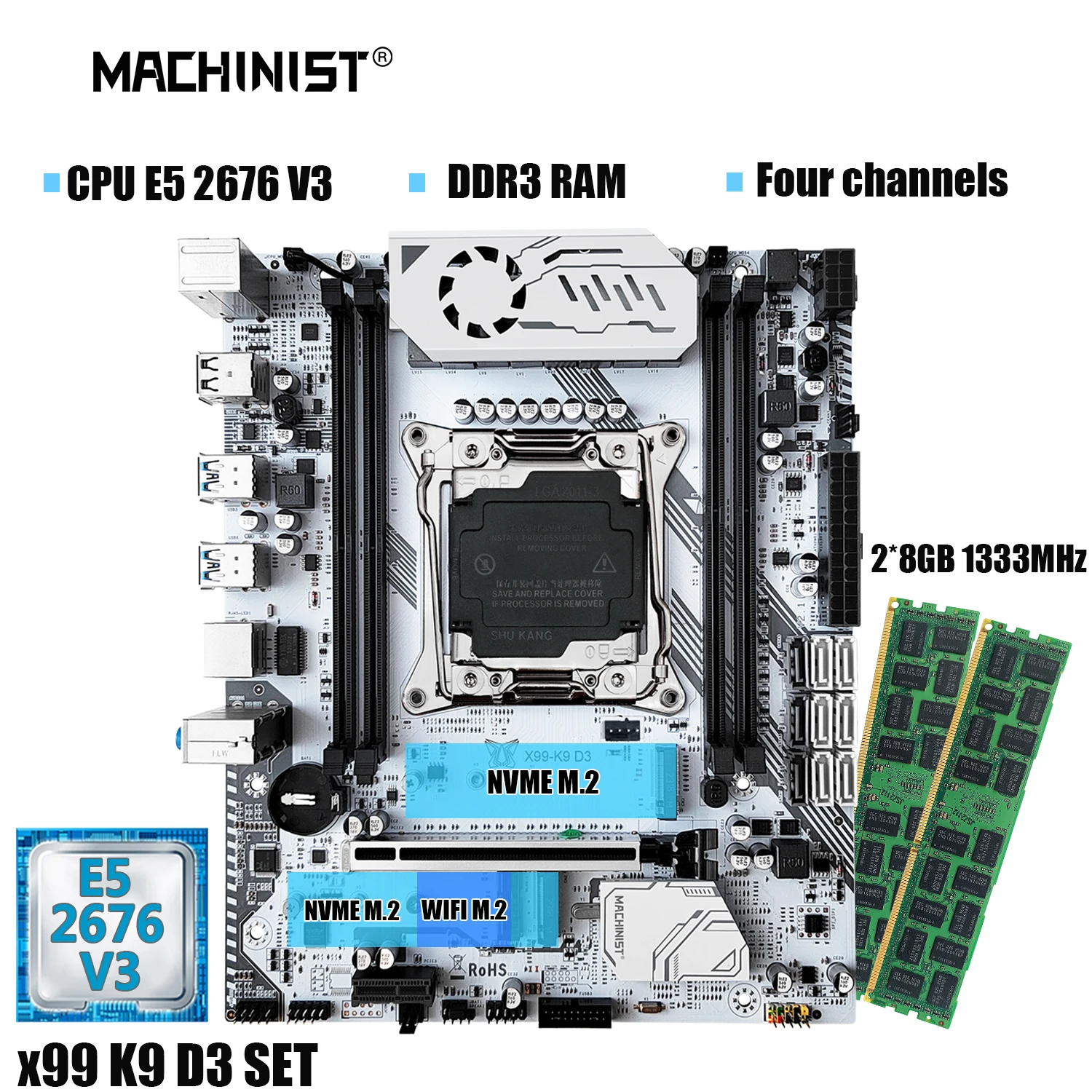 MACHINIST-X99 K9 D3 Motherboard Combo, Processador LGA 211-3 Xeon, E5 2676 V3 CPU Kit, RAM DDR3, 2x8GB de Memória, NVME M.2, Quatro Canais