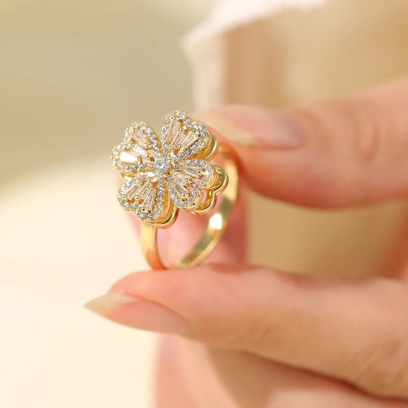 Gold‑Plated Four‑Leaf‑Clover Ring Inlaid with Round‑Shaped and Baguette‑Cut Cubic‑Zirconia, Double‑Layer Hollow‑Out Adjustable Women’s Statement Jewelry Ring
