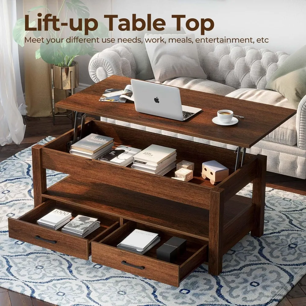 Mesa de centro con cajones y compartimento oculto, Mesa Central Retro con mesa elevadora de madera