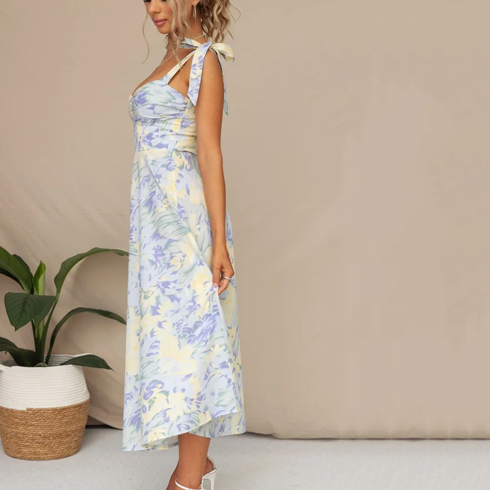 Vestido floral boêmio feminino, alça amarrada estampada, linha A Midi de férias, maxi solto casual, vestidos longos para praia, verão