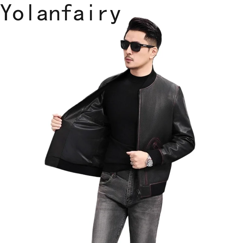 YOLANFAIRY Top Quality 100% Genuine Leather Jacket Men Baseball Collar Fashion Business Real Goatskin Leather Coat Man Slim-fit