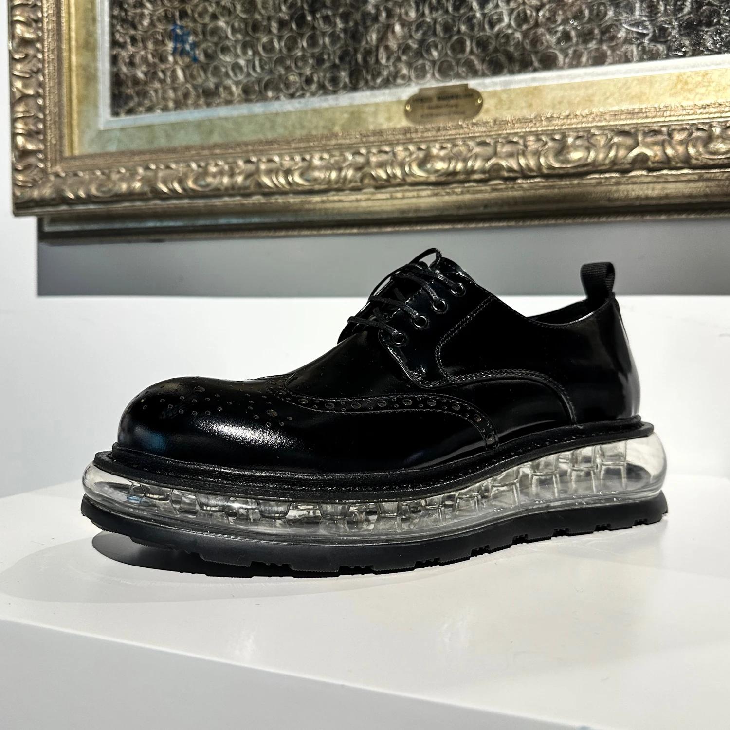 

2023 New Business Casual Leather Black Carved Leather Shoes Men's Air Cushion Casual Cowhide Low Cut and Trendy Shoes