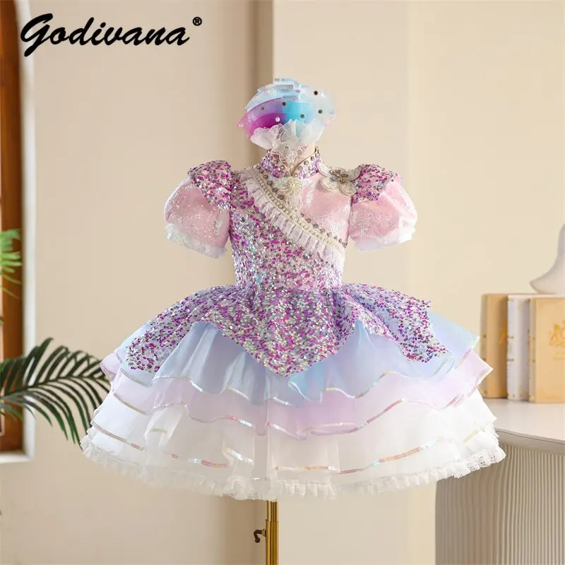 High End Heavy Childrens Formal Dress Sweet Baby Girls 2026 Summer New Purple Sequins Short Puffy Tulle Performances Ball Gown