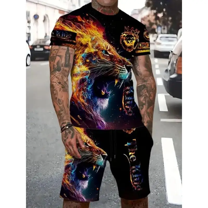New Animal Lion 3D Print Tracksuit Men's Beach Suits Casual O-Neck Short Sleeve T-Shirt Shorts Sets Sportswear Men 2pcs Clothing