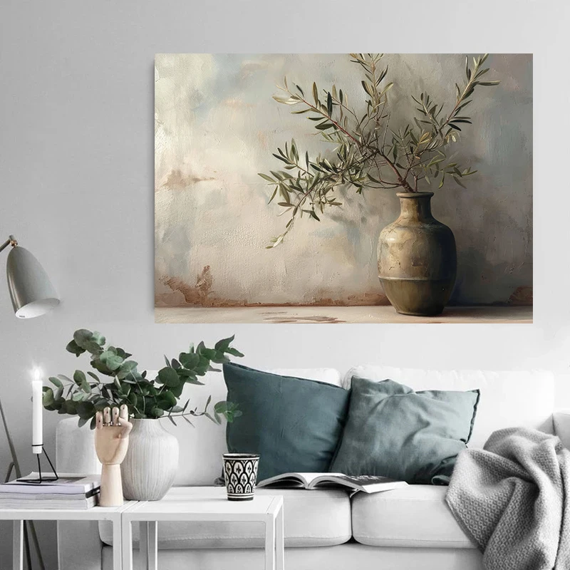 Vintage Minimalist Wall Art Italy Olive Tree in Vase Canvas Painting Poster Prints Still Life Botanical Antique Home Room Decor