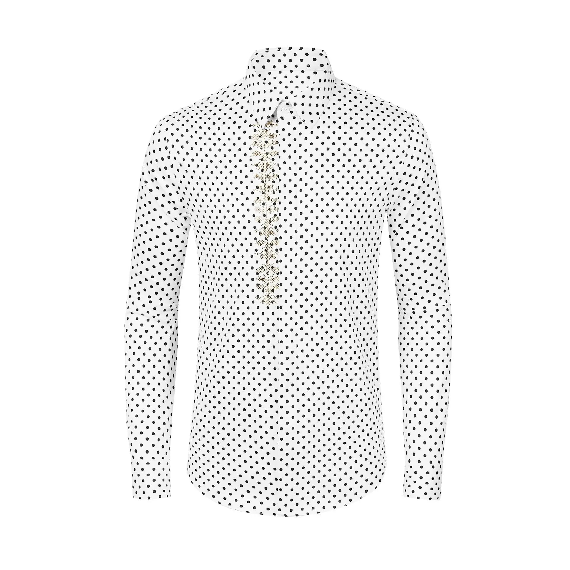 Thickened autumn and winter polka dot hot pressing with rhinestones, fashionable men's fitted shirt, cotton elastic, high-end