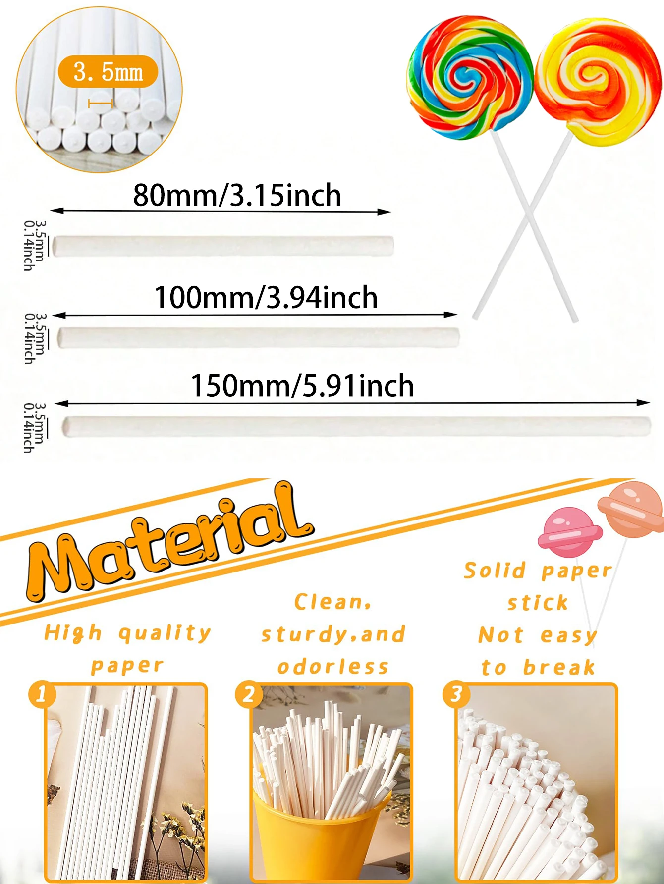 100pcs Paper Lollipop Sticks (80mm,100mm,150mm),Homemade Cake Pops Sticks Display Holder,(Not A Straw)Reusable,For DIY Crafts
