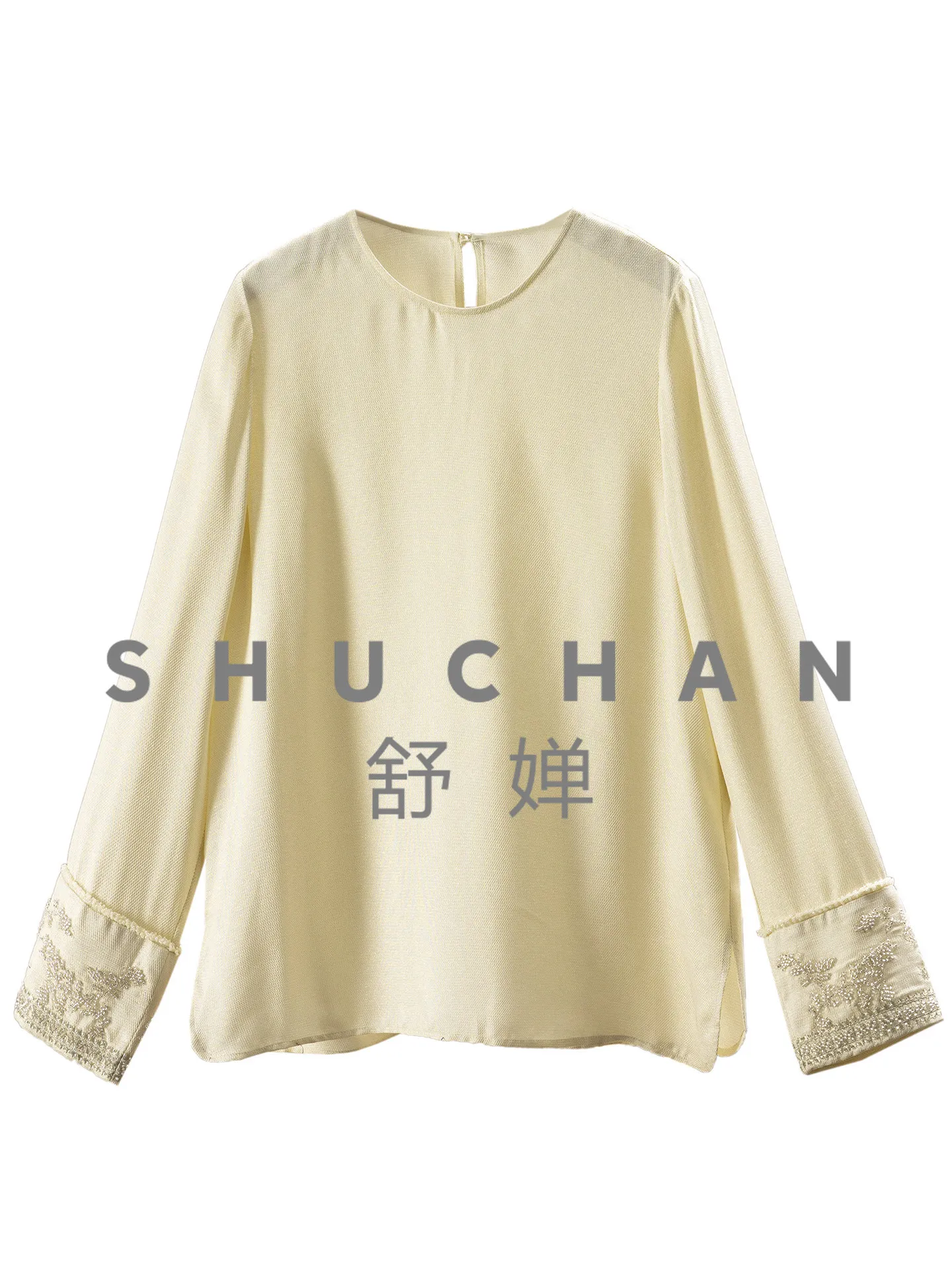 

Женская шелковая блузка с круглым вырезом, расшитая бисером, в стиле французского люкса, цвета белого лунного света, модель 22G9