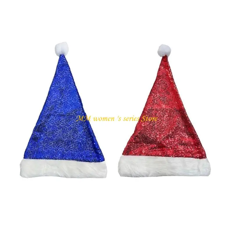 Q39C Shimmering Christmas Hat Plush Santa Hat Party Props Photo Hat Santa Caps Festival Props Soft Bobble Hat