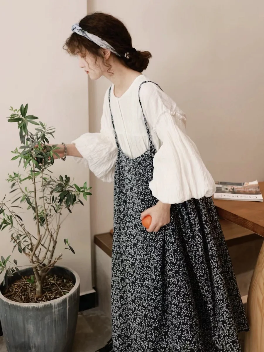 

Summer Floral Print Off-Shoulder Dress Loose Student Style Japanese Artistic Retro Forest Girl Long Sleeve High Waist A...