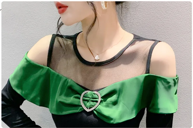 High-End Custom Women Sexy Off Shoulder Long Sleeve T-Shirt Streetwear Girl Chic Love Diamonds Tops New Fashion Slim Tee Blusas