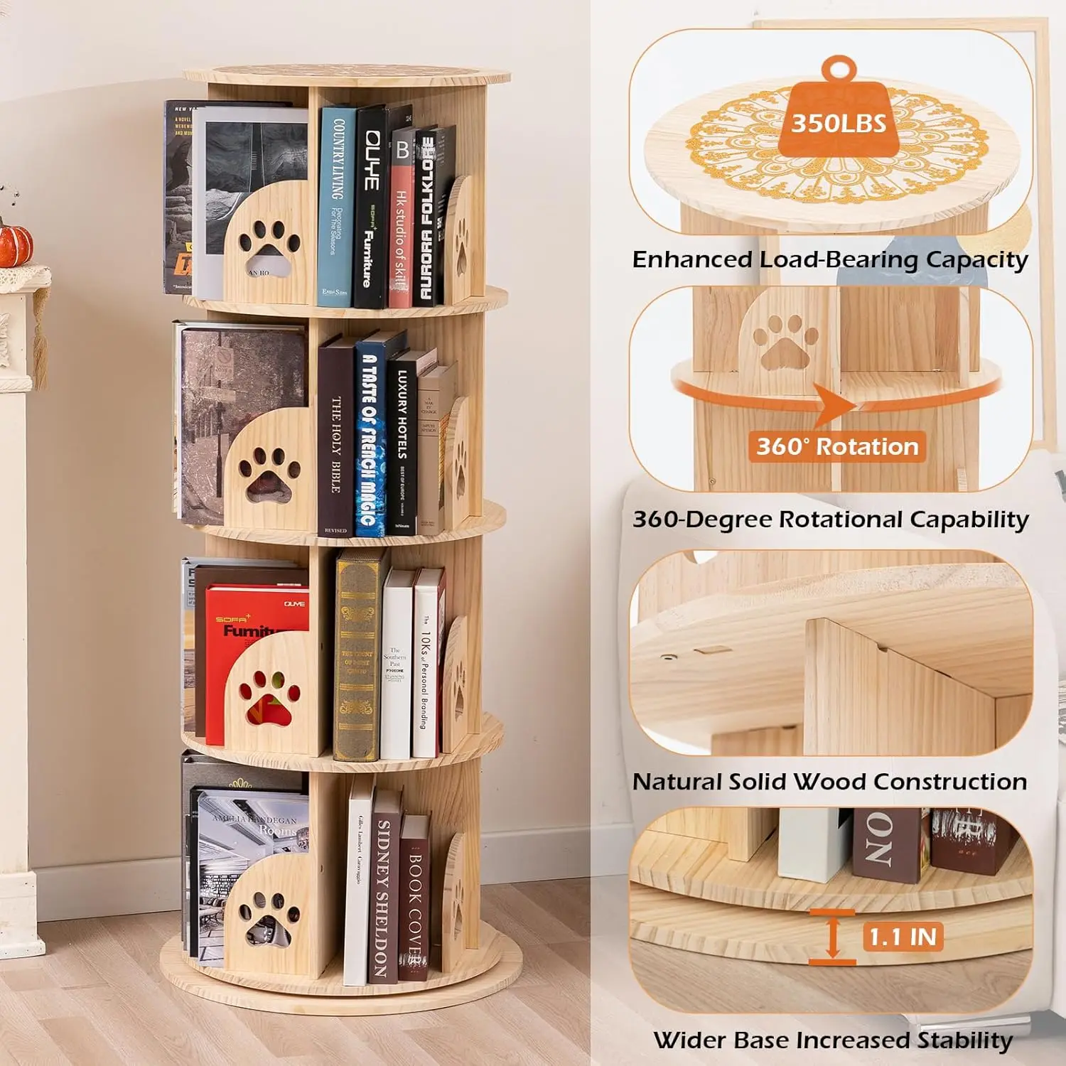 4 Tier Rotating Bookshelf Kids, 360 Display Floor Standing Bookcase Storage Rack for Kids&Adults Solid Wood