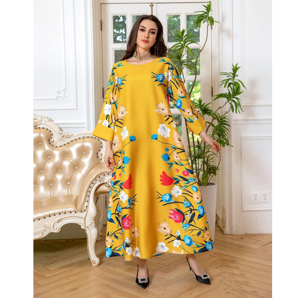 Marocain Kaftan Women Muslim Floral Print Maxi Party Dress Eid Mubarak Pearl Beads Jalabiya Ramadan Abaya Dubai Turkey Robe Gown