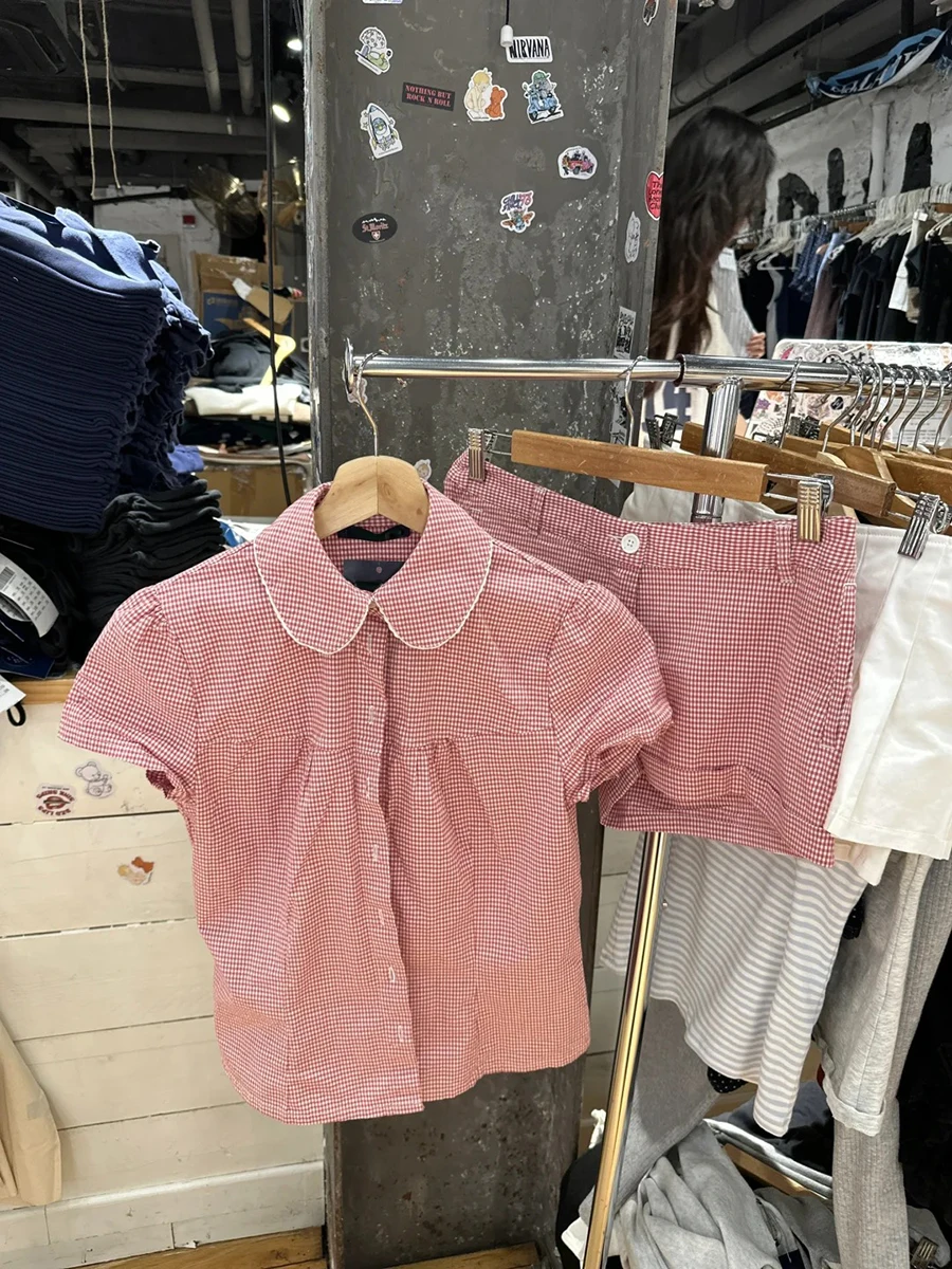 สีชมพูหวานลายสก๊อตกางเกงขาสั้นผู้หญิงฤดูร้อนผ้าฝ้ายลำลองหลวมยืดหยุ่นเอวสูงกางเกงวินเทจสไตล์พรีปปี้สเวตเชิ้ต