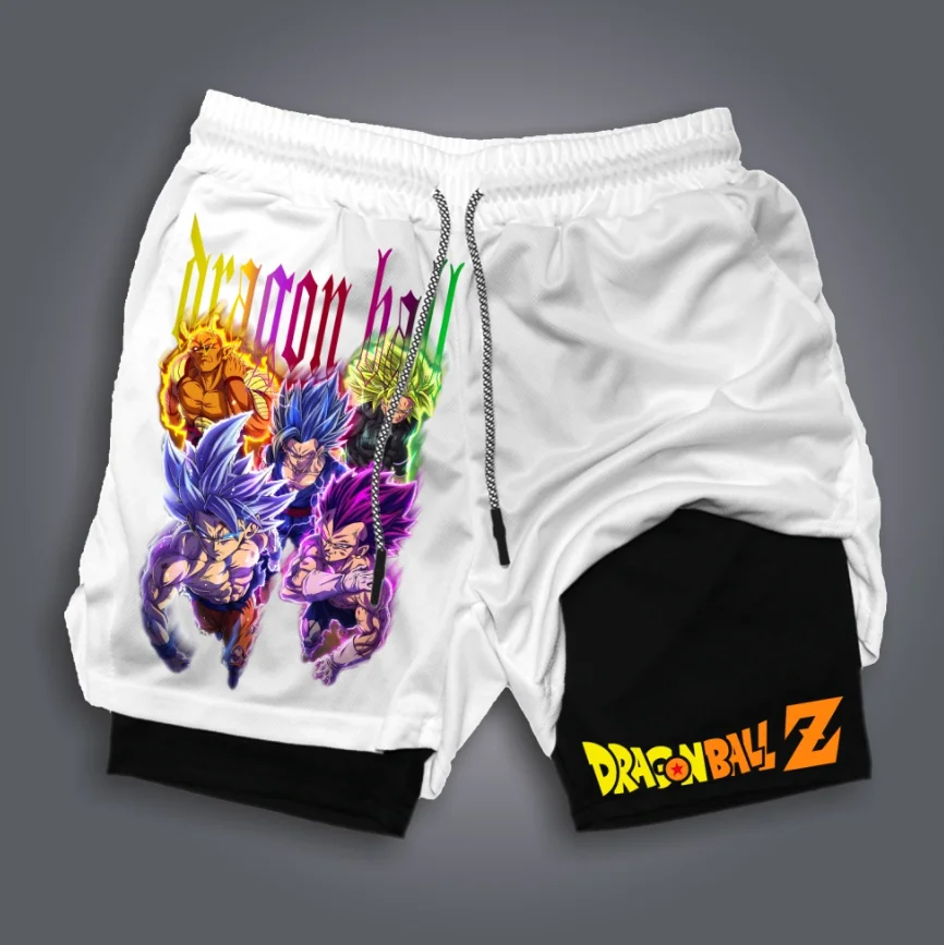 Męskie szorty letnie Dragon Ball, sportowe, oddychające, odprowadzające pot, dwuwarstwowe, streetwear z nadrukiem postaci z anime.