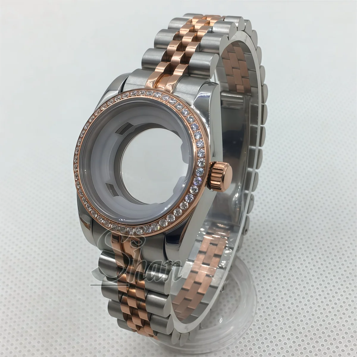 31mm Ladies' Rose Gold Watch Case with Stainless Steel Bracelet, Diamond Decorated Bezel, Compatible with NH05, NH06 Movements