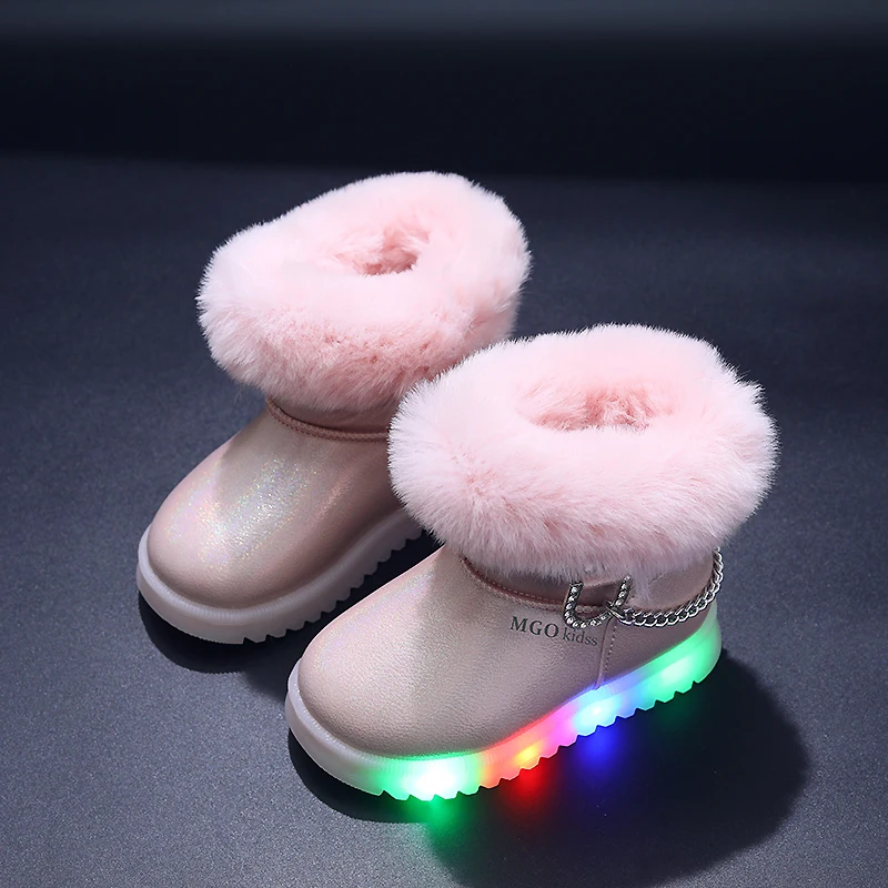 Mgo Kidss New Winter Girls' Boots, Light-Up Shoes, Warm and Thickened Mid-Top Shoes, Cute and Trendy Kids' Princess Boots, Side Zipper, Suitable for Ages 1-3-6, Flashing Light Shoes