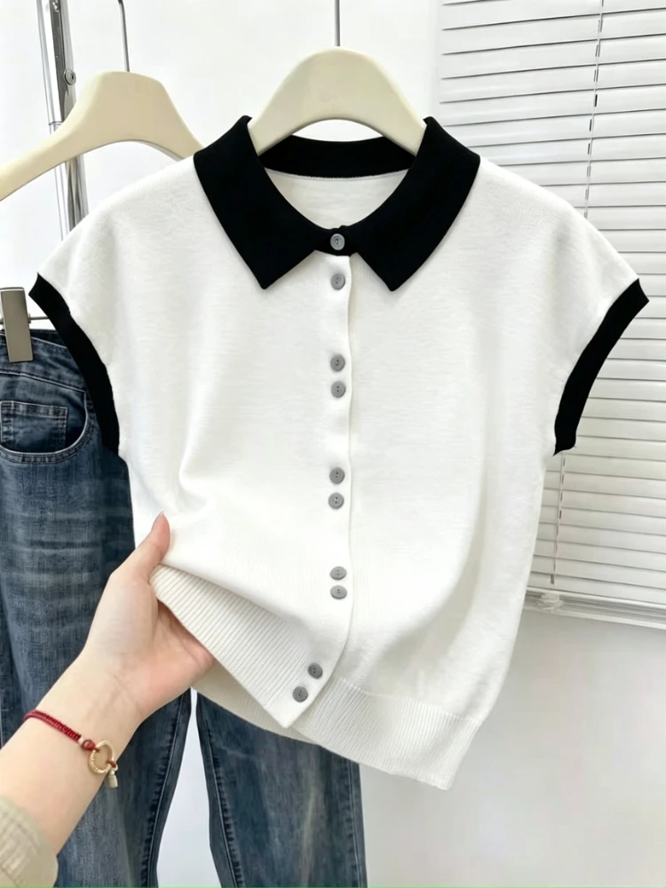 Women Knitted T-Shirt 2026 Turn Down Collar Button Front Short Sleeve Color Block Casual Elegant Top Spring Summer Black White