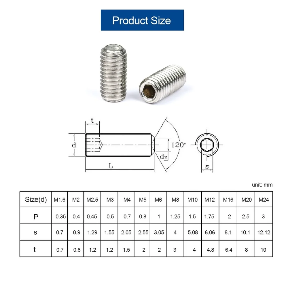 10 pcs/lot Hex Socket Set Screw Cup Point Stainless Steel M2 M3 M4 M5 M6 M8 M10 Headless Hexagon Socket Grub Screw DIN916