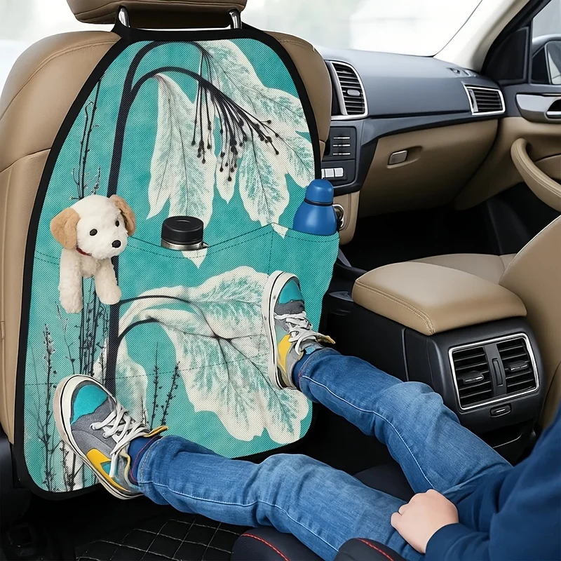 Car Seat Back Covers With Storage Pockets | Vintage Teal White Botanical Leaves For Car Interior