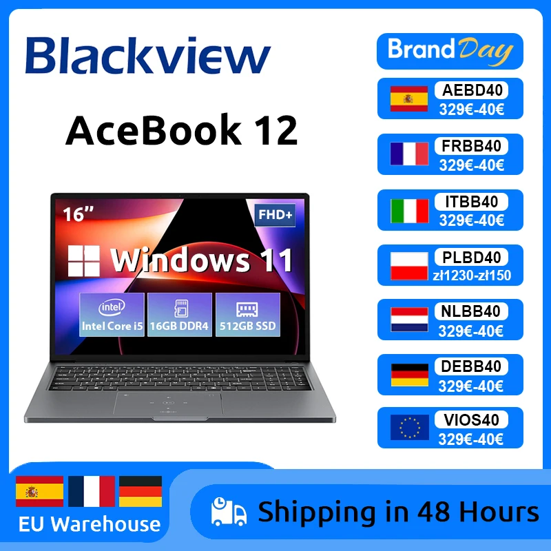 Blackview AceBook 12 Win 11 laptop 16 ''FHD IPS, Intel I5-1030NG7 notebook, 16 GB RAM 512 GB SSD, 2-in-1 vingerafdruk-aan/uit-knop