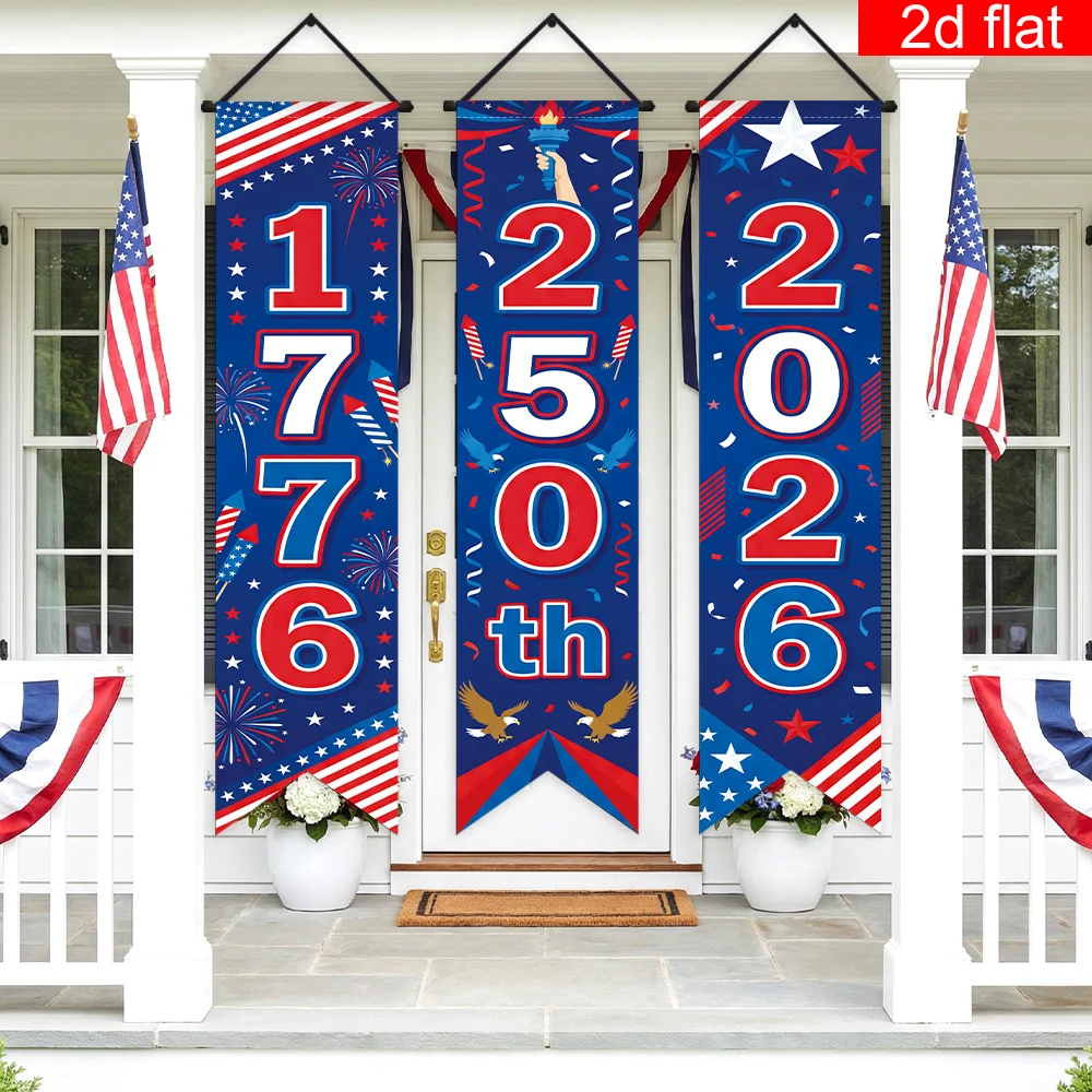 2D Flat 3-Piece USA 250th Anniversary Porch Banner, Polyester, Blue Background, Patriotic Torch Patterns