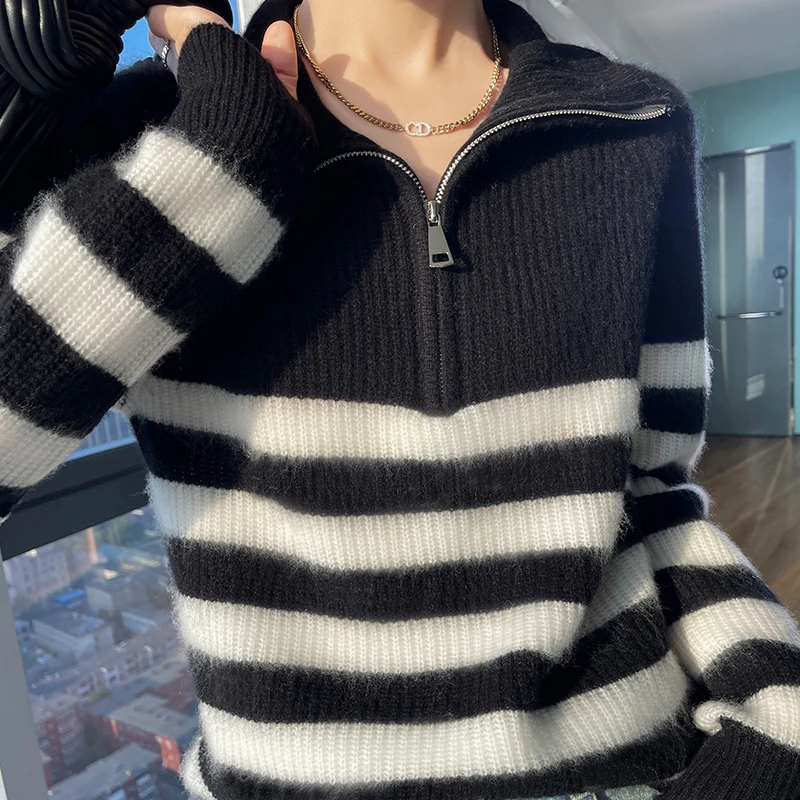 High-end soft turtleneck 100% cashmere sweater women\'s loose thick striped sweater bottoming sweater top