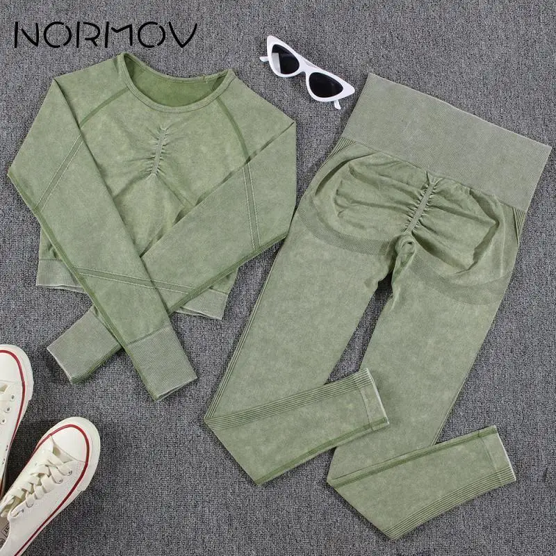 NORMOV Gym Sets Women Seamless Sportswear Push Up Woman Yoga Set High Waist Female Tracksuit Long Sleeve Workout Set Buttocks