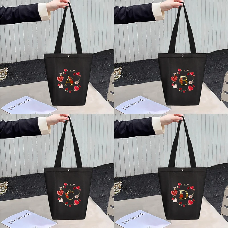 Love Letter Pattern Printed Black Canvas Bag Women's Handbag Reusable Foldable Large Capacity Shoulder Bag